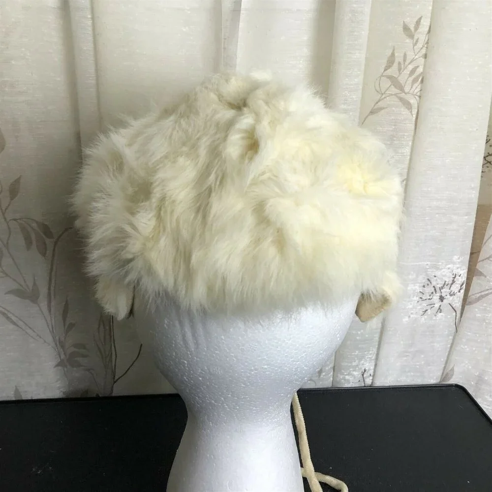 Vintage Fur Hat Child Size Ear Flaps Tie Neck White Soft